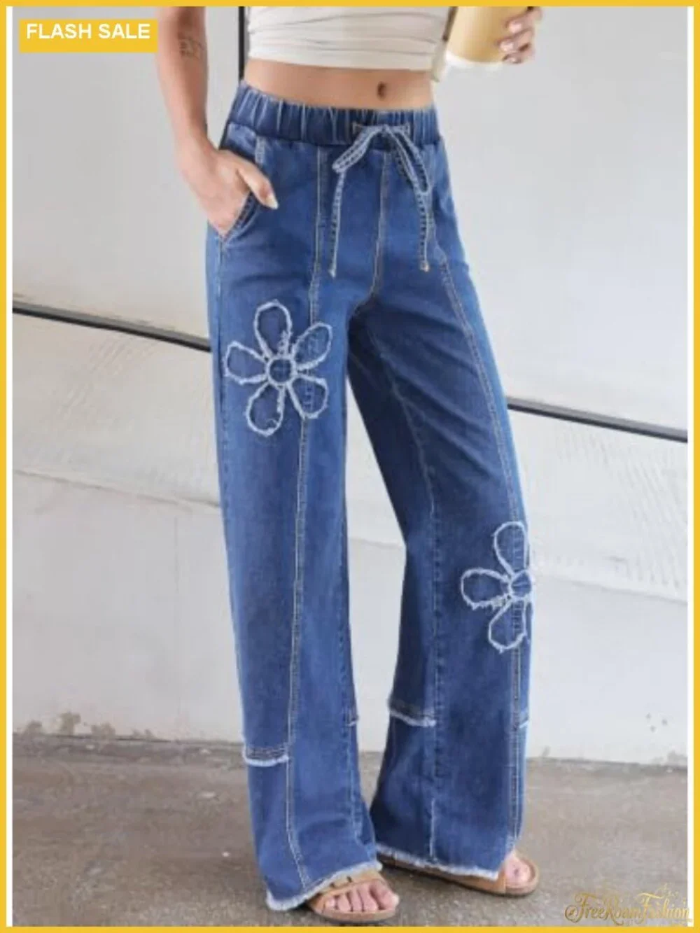 Y2K Wide Leg High Waist Baggy Jeans Stretchy Drawstring Floral Denim Pants